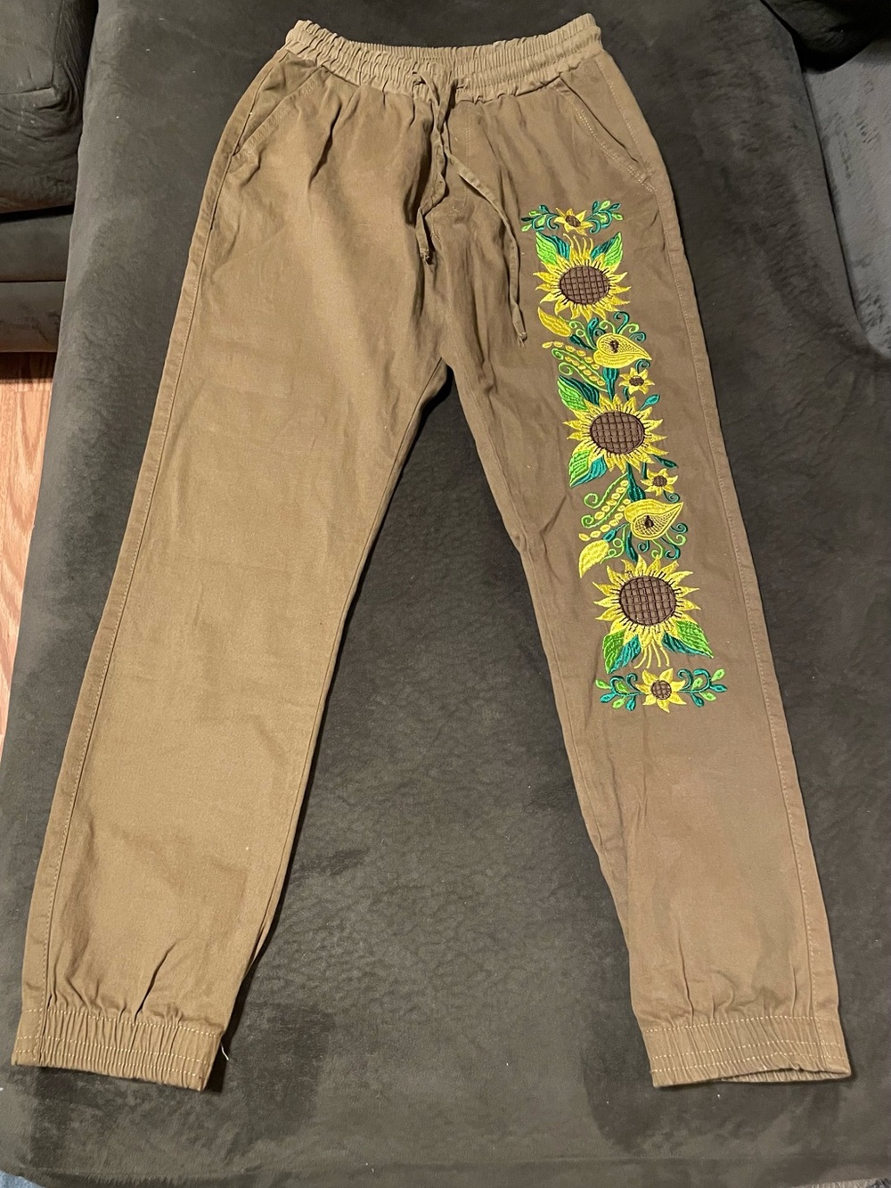 Brown Joggers with Sunflower Embroidery